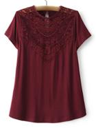Romwe Burgundy Embroidery Lace Key Hole Back T-shirt