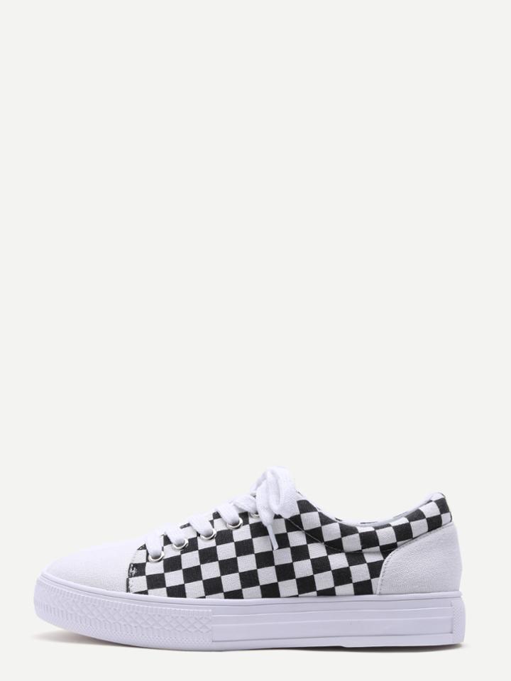 Romwe White Damier Design Rubber Sole Low Top Sneakers
