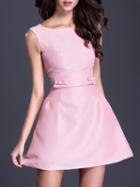 Romwe Pink Round Neck Sleeveless Backless Flare Dress