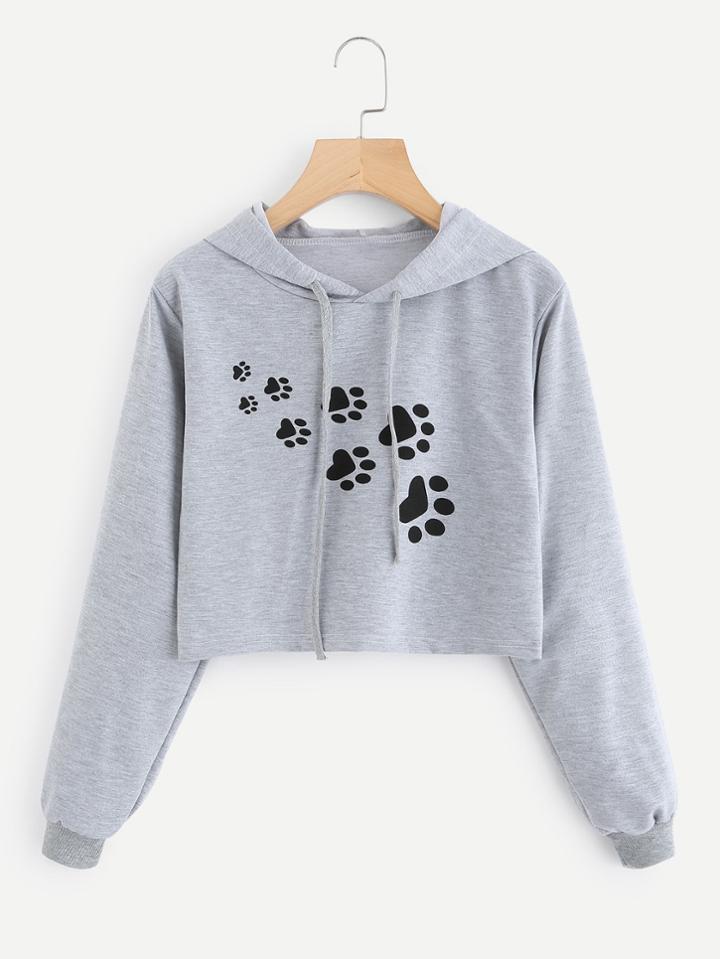 Romwe Paw Print Crop Hoodie