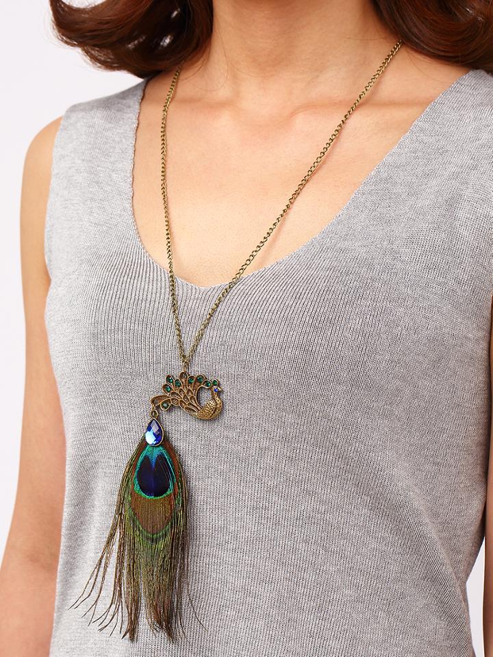 Romwe Rhinestone Peacock Pendant With Peacock Feather Necklace