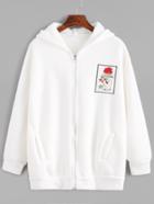 Romwe White Drop Shoulder Embroidered Zip Up Hooded Sweatshirt