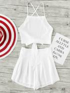 Romwe Criss Cross Bow Tie Open Back Crop Top And Shorts Set