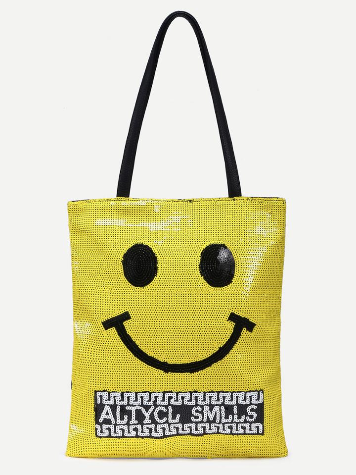 Romwe Yellow Sequin Smiley Face Tote Bag
