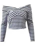 Romwe Black And White Striped Off The Shoulder Top