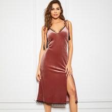 Romwe Tassel Detail Slit Side Velvet Cami Dress