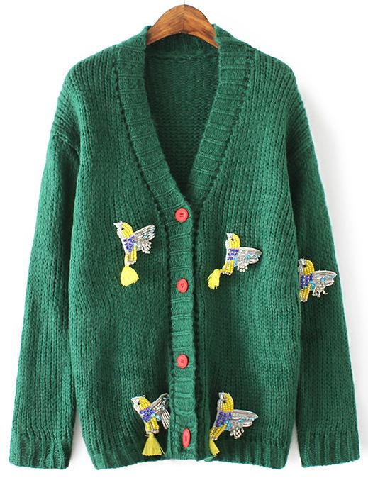Romwe Green Drop Shoulder Birds Beading Buttons Sweater Coat