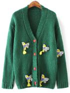 Romwe Green Drop Shoulder Birds Beading Buttons Sweater Coat