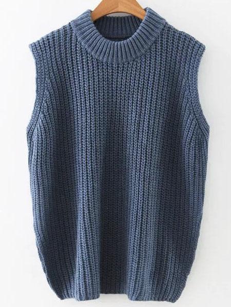 Romwe Navy Crew Neck Side Slit Sweater Vest