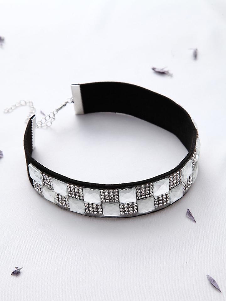 Romwe Rhinestone Checker Pattern Choker