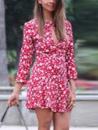 Romwe Red Keyhole Front Ruffle Hem Floral Dress
