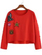 Romwe Dip Hem Patch Cut Out Red T-shirt