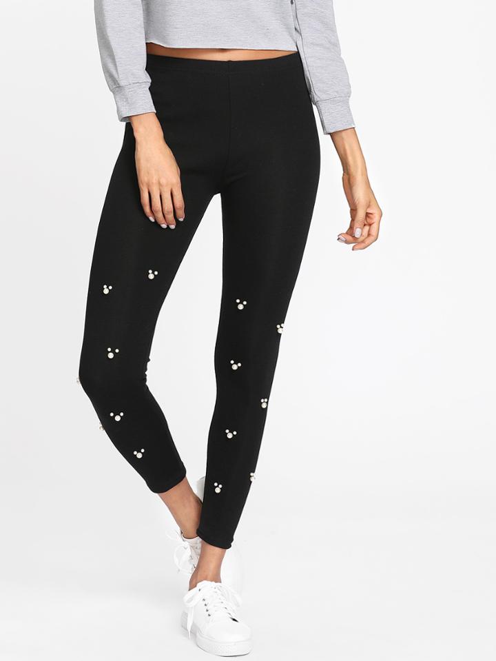 Romwe Pearl Beaded Skinny Leggings