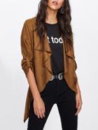 Romwe Waterfall Collar Rolled Sleeve Faux Suede Coat