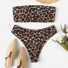 Romwe Leopard Print Bandeau With High Waist Bikini Set
