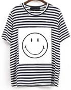 Romwe Contrast Smiley Face Pattern Striped T-shirt