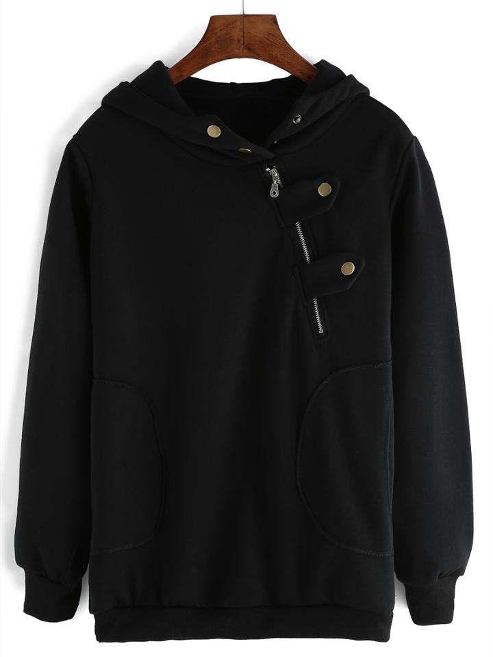 Romwe Hooded Zipper Black Sweatshirt With Pockets
