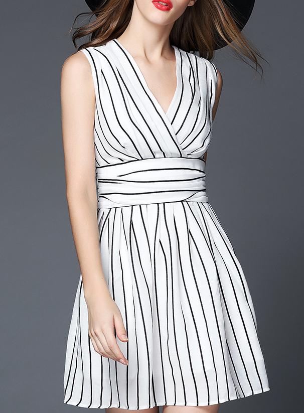 Romwe V Neck Vertical Striped White Dress