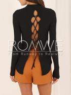 Romwe Black Long Sleeve Lace Up Sweater