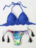 Romwe Blue Printed Knit Bikini Set With Tassel Tie
