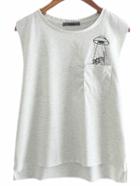 Romwe Grey Pocket Kitty Embroidery Casual T-shirt