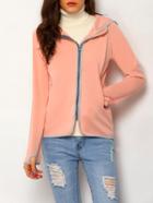 Romwe Hooded Zipper Pink Coat With Pockets