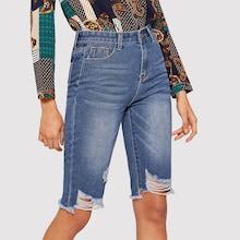 Romwe Bleach Dye Ripped Raw Hem Denim Shorts