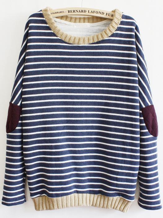 Romwe Striped Elbow Loose Blue Sweatshirt
