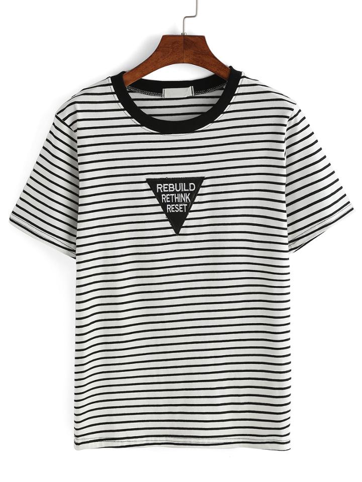 Romwe Striped Embroidered Patch T-shirt