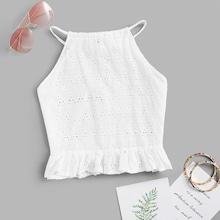 Romwe Embroidered Ruffle Hem Halter Top