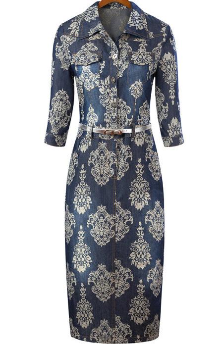Romwe Lapel With Pocket Vintage Print Denim Dress
