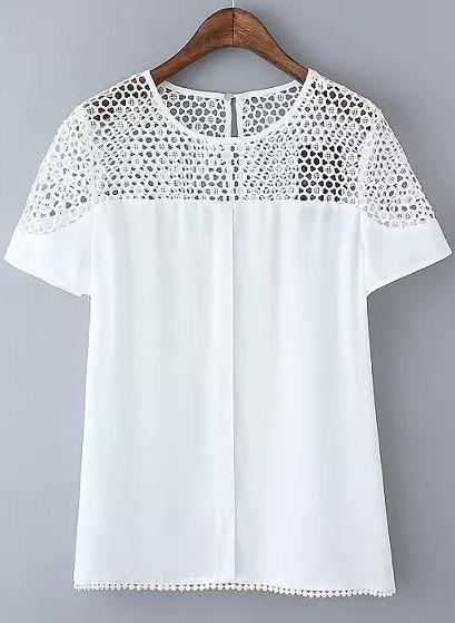 Romwe White Short Sleeve Hollow Lace Blouse