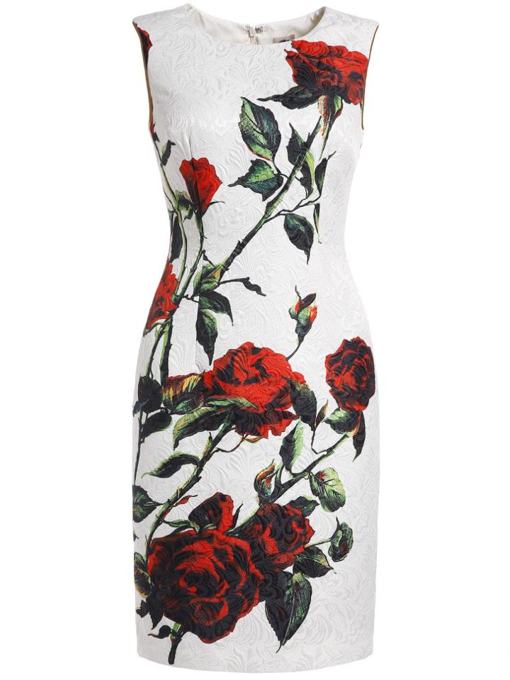 Romwe White Round Neck Sleeveless Rose Print Dress