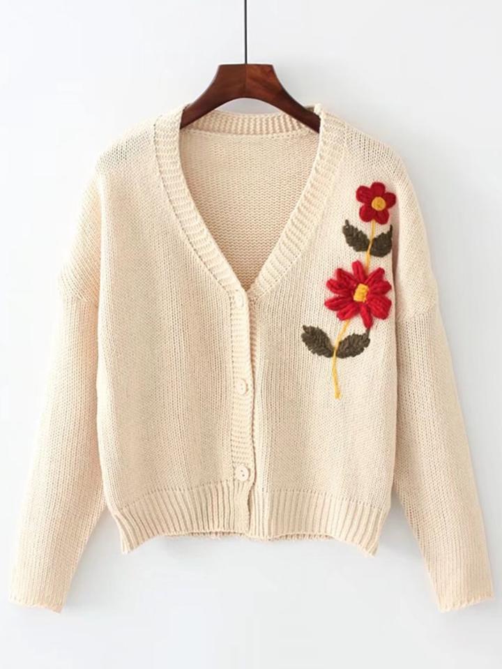 Romwe Contrast Crochet Flower Button Up Cardigan