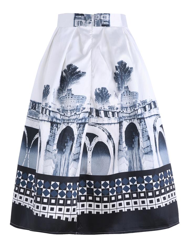 Romwe Bridge Print Vintage Flare Skirt