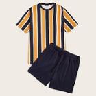 Romwe Guys Colorful Striped Top & Shorts Set