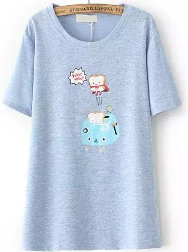 Romwe Toaster Print Loose Blue T-shirt