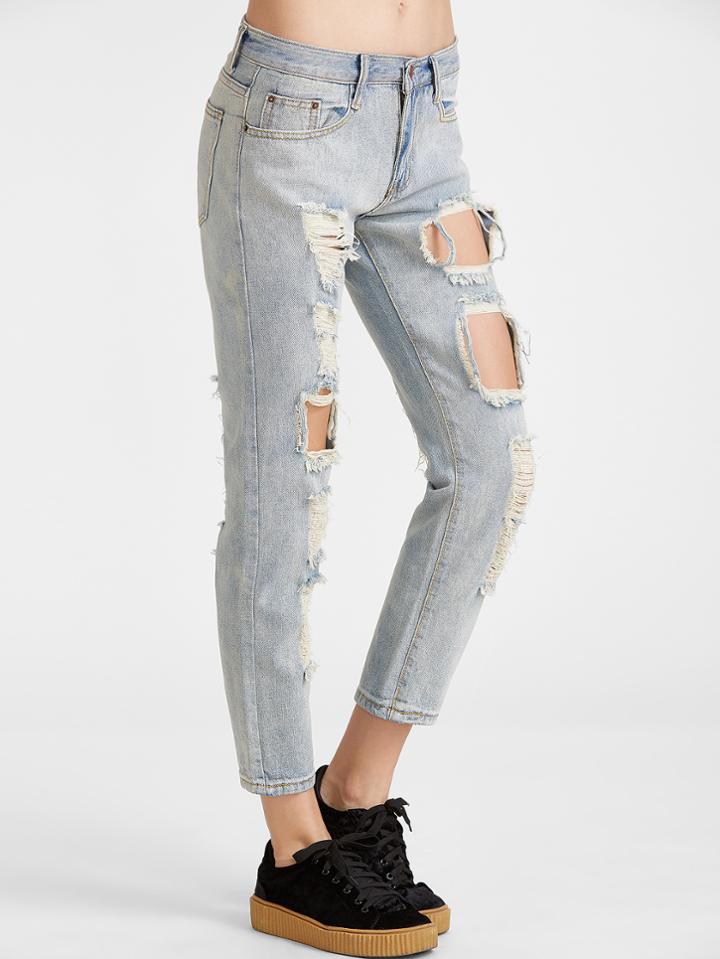 Romwe Light Wash Distressing Ripped Jeans