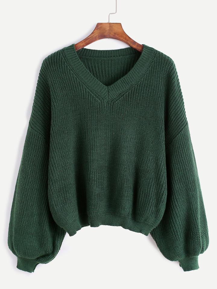 Romwe Army Green V Neck Drop Shoulder Seam Sweater