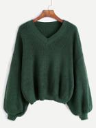 Romwe Army Green V Neck Drop Shoulder Seam Sweater