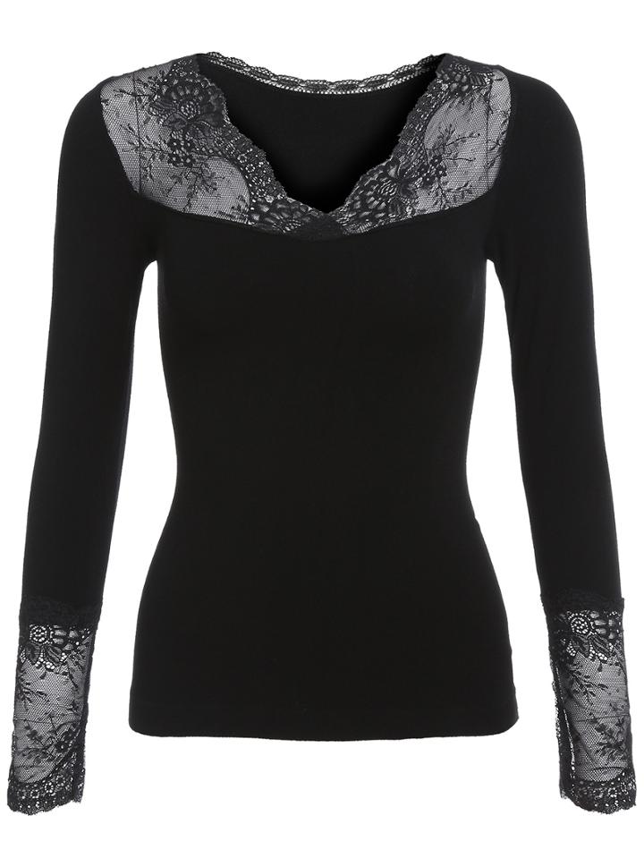 Romwe V Neck Lace Splicing Slim Blouse