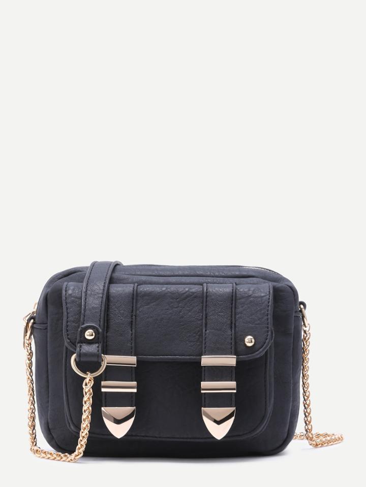 Romwe Black Front Pocket Faux Leather Crossbody Chain Bag
