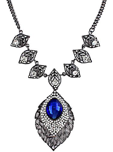 Romwe Blue Gemstone Silver Hollow Leaves Necklace