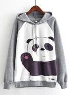 Romwe Panda Print Raglan Sleeve Marled Hoodie