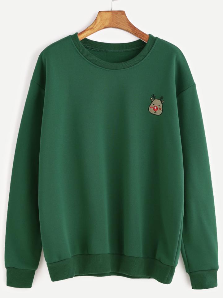 Romwe Green Cartoon Deer Embroidery Sweatshirt
