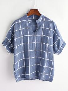 Romwe Stand Collar Dip Hem Check Blouse