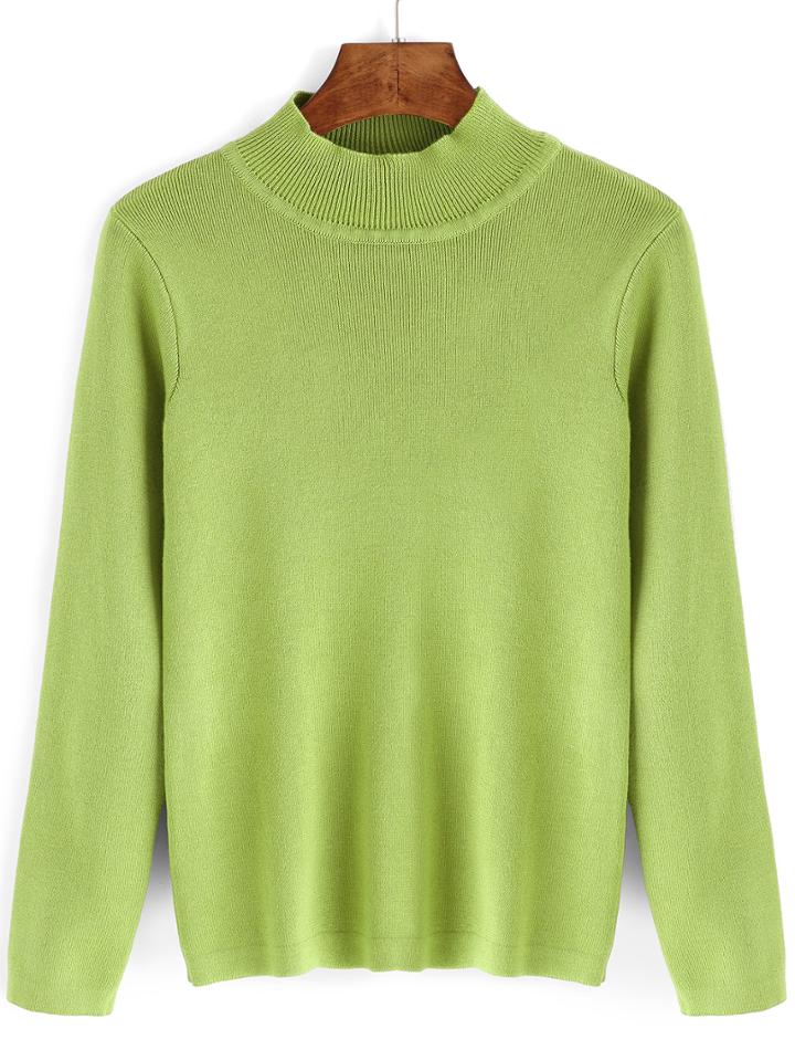 Romwe Mock Neck Jersey Slim Green Knitwear