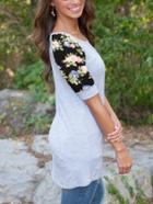 Romwe Elbow Sleeve Black Florals Long T-shirt
