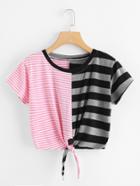 Romwe Color Block Striped Knot Front Crop Tee