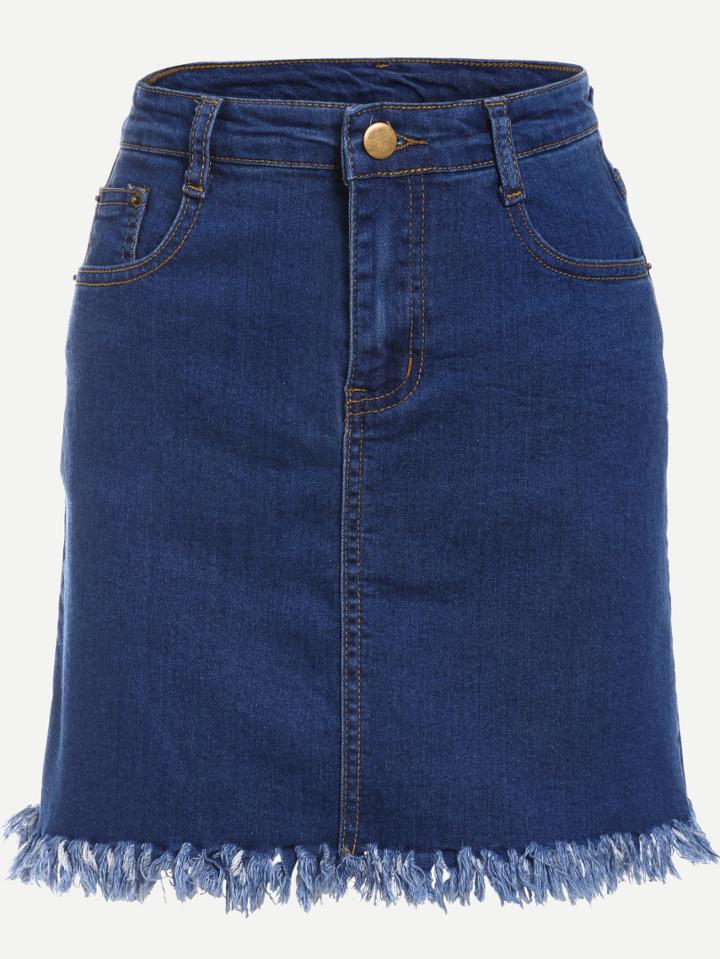 Romwe Blue Fringe Denim Skirt